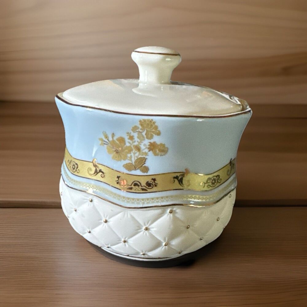 Napoleon Ceramic Bathroom Bowl with Lid Blue & Cream w/ Gold Accents